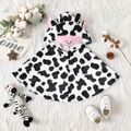 Baby Girl Ears Hooded Button Front Allover Cow Print Fleece Cloak BlackandWhite image 1