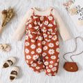 2pcs Baby Girl Solid Rib Knit Long-sleeve Top and Allover Daisy Floral Print Bow Front Cami Jumpsuit Set Brown image 1