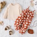 2pcs Baby Girl Solid Rib Knit Long-sleeve Top and Allover Daisy Floral Print Bow Front Cami Jumpsuit Set Brown image 2
