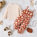 2pcs Baby Girl Solid Rib Knit Long-sleeve Top and Allover Daisy Floral Print Bow Front Cami Jumpsuit Set Brown image 3