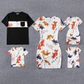 Family Matching Allover Dinosaur Print Twist Knot Bodycon Dresses and Short-sleeve T-shirts Sets White
