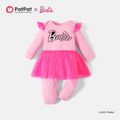 Barbie Baby Girl 95% Cotton Long-sleeve Letter Graphic Spliced Mesh Jumpsuit Pink image 1