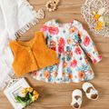 2pcs Baby Girl Allover Floral Print Long-sleeve Dress and Thermal Fuzzy Vest Set DarkOrange