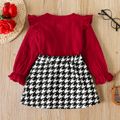 2pcs Toddler Girl Christmas Ruffled Textured Tee and Bowknot Design Houndstooth Skirt Set WineRed image 2