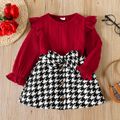 2pcs Toddler Girl Ruffled Textured Tee and Bowknot Design Houndstooth Skirt Set WineRed image 1