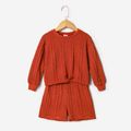 Mommy and Me Solid Cable Knit Textured Drop Shoulder Long-sleeve Pullover and Shorts Sets Reddishbrown image 3