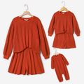 Mommy and Me Solid Cable Knit Textured Drop Shoulder Long-sleeve Pullover and Shorts Sets Reddishbrown image 1