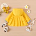 100% Cotton Baby Girl Striped Lining Yellow Double Breasted Long-sleeve Hooded Trench Coat Yellow image 2