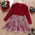 Kid Girl Butterfly Embroidered Mesh Splice Long-sleeve Dress Red image 1
