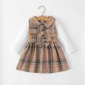 Baby Girl Faux-two Plaid Lapel Collar Belt Decor Long-sleeve Khaki Dress Multi-color