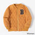 Mommy and Me Letter Embroidered Yellow Thickened Quilted Long-sleeve Zipper Bomber Jacket Yellow