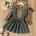 Toddler Girl 2pcs Plaid Long-sleeve Shirt Top and Solid Corduroy Skirt with Shoulder Straps Brown or Green Set Green