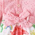 2pcs Baby Girl Ruffle Long-sleeve Eyelet Embroidered Spliced Dinosaur Print Jumpsuit with Headband Set Pink