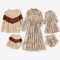 Family Matching Allover Print Mock Neck Long-sleeve Button Front Midi Dresses and Colorblock Rib Knit Tops Sets Apricot image 1