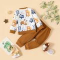 2pcs Baby Boy 95% Cotton Solid Sweatpants and Allover Animal Print Long-sleeve Sweatshirt Set Brown image 2