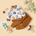 2pcs Baby Boy 95% Cotton Solid Sweatpants and Allover Animal Print Long-sleeve Sweatshirt Set Brown image 1