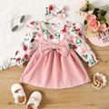 2pcs Baby Girl Ruffle Trim Long-sleeve Floral Print Spliced Corduroy Bow Front Dress with Headband Set Pink image 1