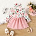2pcs Baby Girl Ruffle Trim Long-sleeve Floral Print Spliced Corduroy Bow Front Dress with Headband Set Pink
