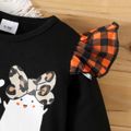 Halloween Baby Girl Plaid & Leopard Print Ruffle Trim Long-sleeve Layered Bell Bottom Graphic Jumpsuit Black image 5