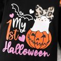 Halloween Baby Girl Plaid & Leopard Print Ruffle Trim Long-sleeve Layered Bell Bottom Graphic Jumpsuit Black image 4