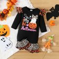 Halloween Baby Girl Plaid & Leopard Print Ruffle Trim Long-sleeve Layered Bell Bottom Graphic Jumpsuit Black image 1