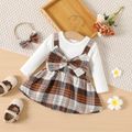 2pcs Baby Girl Long-sleeve Faux-two Rib Knit Spliced Plaid Bow Front Dress with Dress Set White