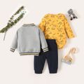 3-Pack Baby Boy Allover Dinosaur Print Long-sleeve Romper and Button Front Bomber Jacket  with Solid Sweatpants Set Multi-color image 2
