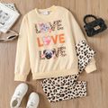 2pcs Kid Girl Leopard Letter Print Sweatshirt and Elasticized Leggings Set Apricot image 1