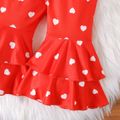 New Year 2pcs Baby Girl Letter Graphic Long-sleeve Romper and Allover Heart Print Layered Ruffle Flared Pants Set REDWHITE image 5