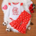 New Year 2pcs Baby Girl Letter Graphic Long-sleeve Romper and Allover Heart Print Layered Ruffle Flared Pants Set REDWHITE image 1