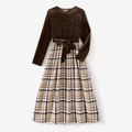 Family Matching Plaid Spliced Velvet Long-sleeve Dresses and Button Up Shirts Sets Brown