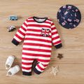 2pcs Baby Boy/Girl Long-sleeve Striped Jumpsuit with Bucket Hat Set Red image 1