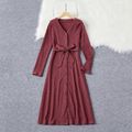 Mommy and Me Solid Rib Knit Long-sleeve Belted Midi Dress Burgundy image 2