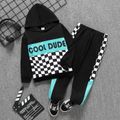 2pcs Kid Boy Letter Print Plaid Colorblock Hoodie Sweatshirt and Pants Set Black image 1