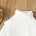 2pcs Toddler Girl Ribbed Cold Shoulder Long-sleeve White Tee and Plaid Pleated Skirt Set White image 5