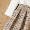 2pcs Toddler Girl Ribbed Cold Shoulder Long-sleeve White Tee and Plaid Pleated Skirt Set White image 4