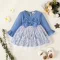 Baby Girl 100% Cotton Solid Flare-sleeve Bow Front Spliced Lace Mesh Dress DENIMBLUE