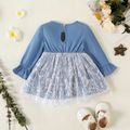 Baby Girl 100% Cotton Solid Flare-sleeve Bow Front Spliced Lace Mesh Dress DENIMBLUE