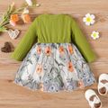 Baby Girl Green Rib Knit Bow Front Long-sleeve Spliced Floral Embroidered Mesh Dress Green image 2