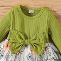 Baby Girl Green Rib Knit Bow Front Long-sleeve Spliced Floral Embroidered Mesh Dress Green image 3