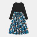 Family Matching Solid Rib Knit Spliced Floral Print Belted Dresses and Long-sleeve Colorblock T-shirts Sets Blue image 2