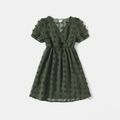 Family Matching Army Green Swiss Dots Cross Wrap V Neck Short-sleeve Dresses and Color Block T-shirts Sets Army green
