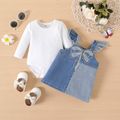 2pcs Baby Girl Dragonfly Embroidered Ruffle Trim Colorblock Denim Overall Dress and Long-sleeve Rib Knit Romper Set Blue image 2
