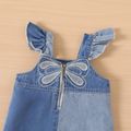 2pcs Baby Girl Dragonfly Embroidered Ruffle Trim Colorblock Denim Overall Dress and Long-sleeve Rib Knit Romper Set Blue image 4