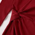Family Matching Solid Rib Knit V Neck Twist Knot Split Bodycon Dresses and Raglan-sleeve T-shirts Sets MAROON image 4