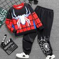 2pcs Kid Boy Spider Print Colorblock Sweatshirt and Black Pants Set Black image 1