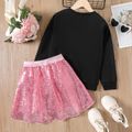 2pcs Kid Girl Unicorn Letter Print Sweatshirt and Sequined Pink Skirt Set Black image 3