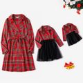 Christmas Red Plaid Lapel Collar Double Breasted Long-sleeve Dress for Mom and Me redblack image 1