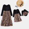 Mommy and Me Solid Spliced Leopard Print Button Front Long-sleeve Midi Dress ColorBlock image 1