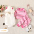 3pcs Baby Girl 3D Ears Fuzzy Fleece Sleeveless Romper and Striped Long-sleeve Set Rosy image 2